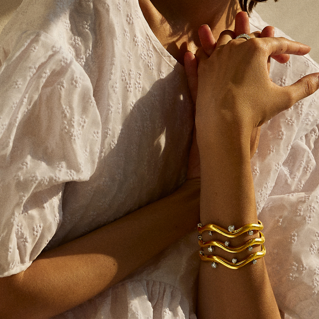 Belperron-Jewelry-Triple-Wave-Diamond-Yellow-Gold-Cuff on model