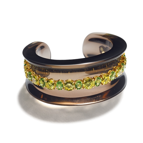 Belperron-Jewelry-Saddle-Cuff-Number-3 in Smokey-Quartz-Yellow-Diamond-and-Peridot