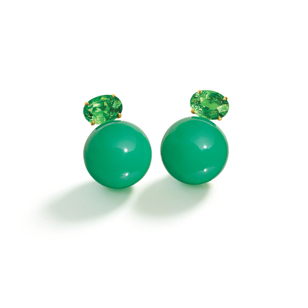 Belperron Bouton Earclips in Chrysoprase and Green Tourmaline