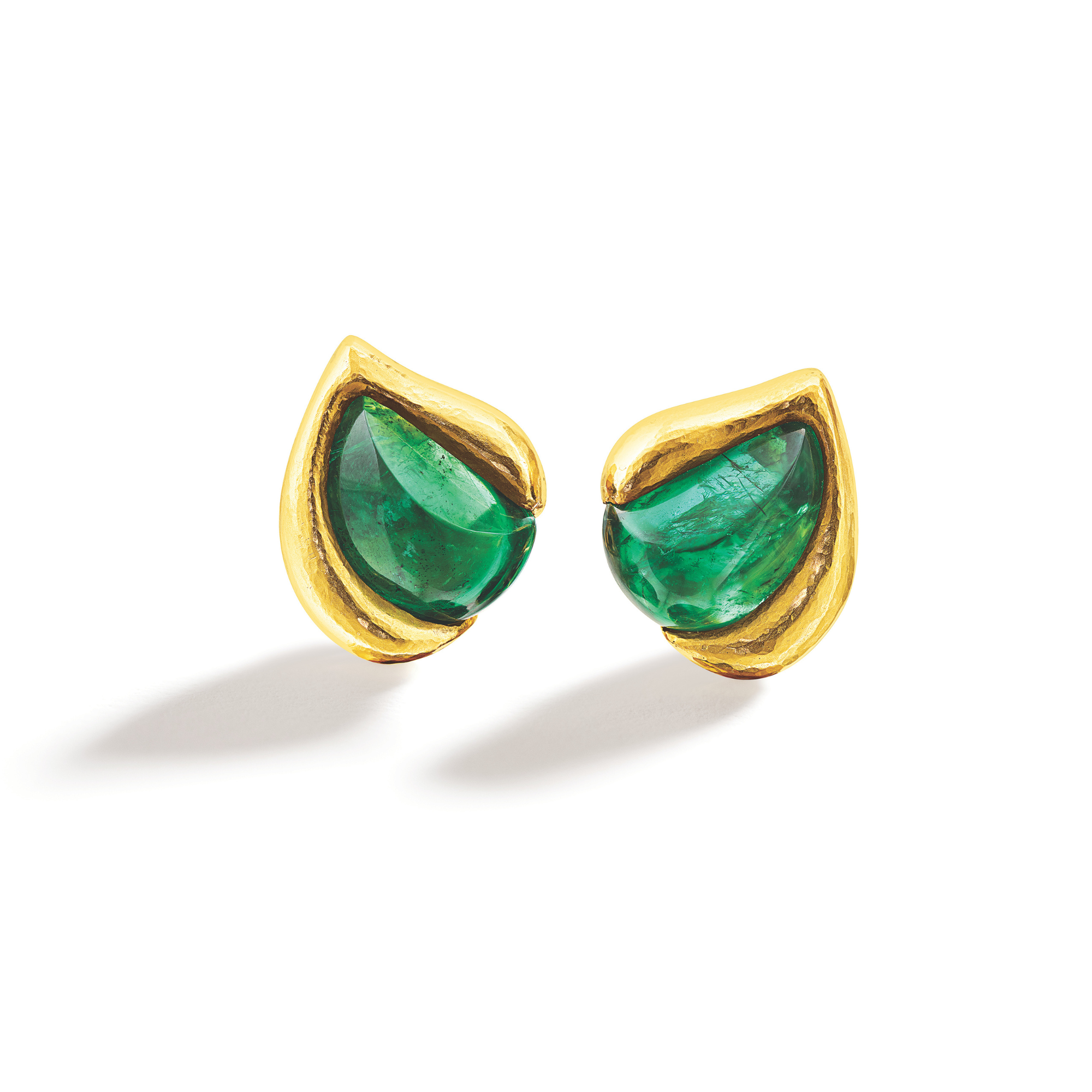 Belperron Cabochon Leaf Earclips in 22k gold with over 39 carats of emerald