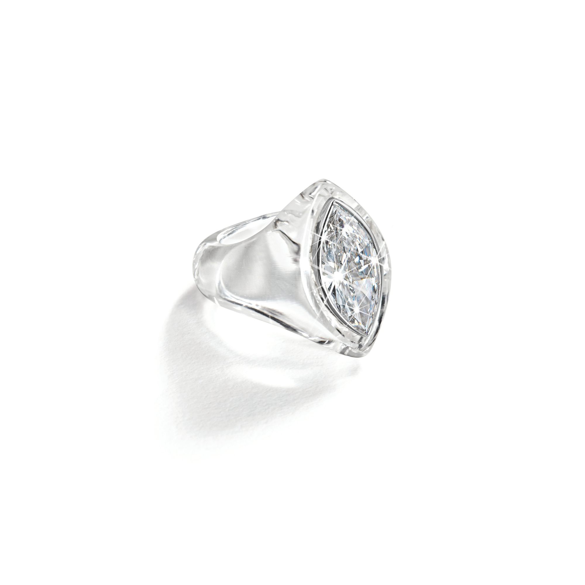 Belperron Casque Ring in carved rock crystal and platinum with a 3.76 carat marquise diamond, based on Suzanne Belperron’s personal collection