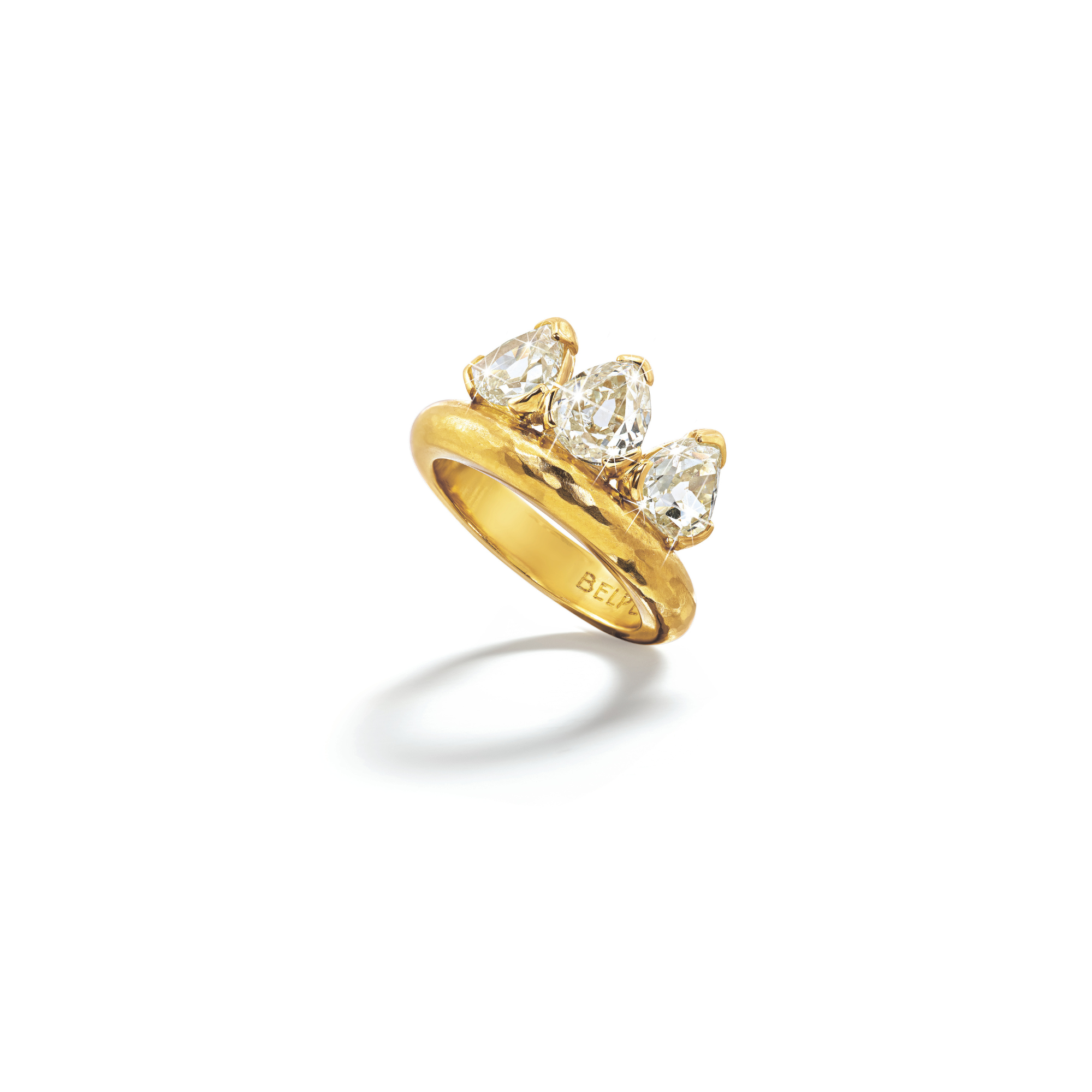 Belperron Couronne Ring in 22k and 18k gold with three tabiz-cut diamonds, adapted from the Couronne Cuffs first designed circa 1936