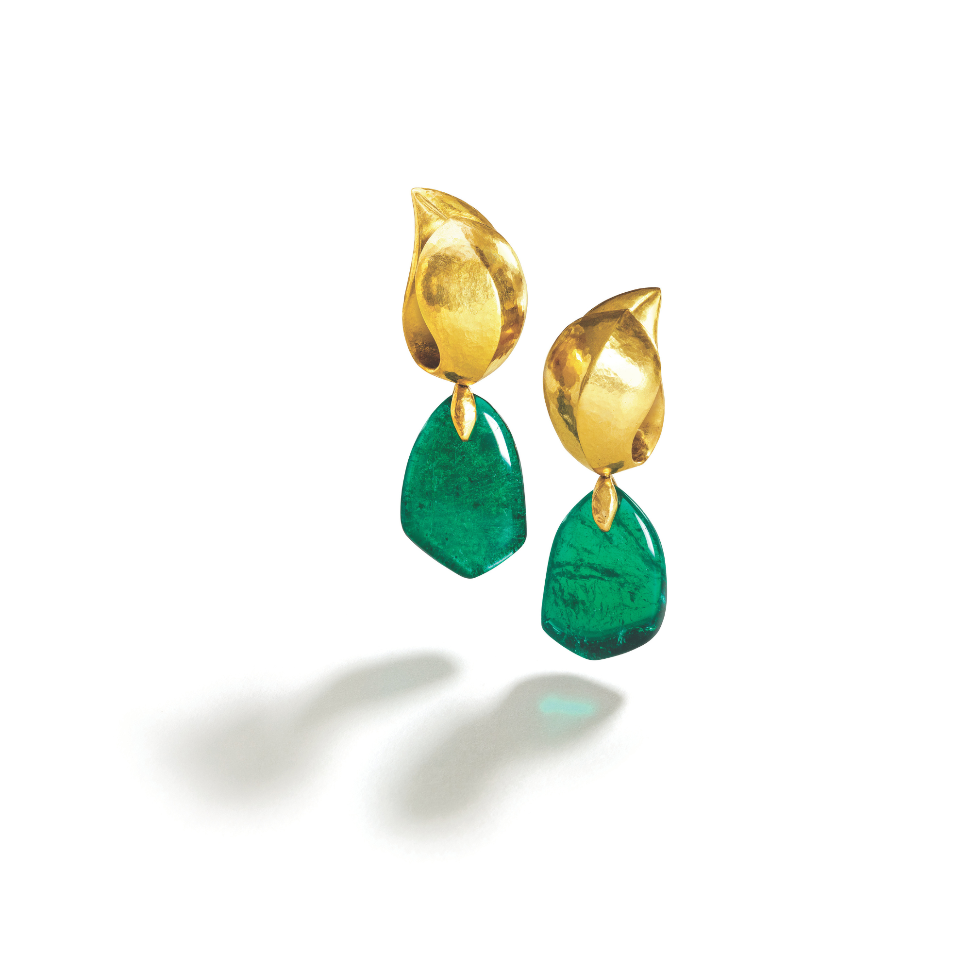 Belperron Leaf Pendant Earclips in 22k gold with over 39 carats of emerald